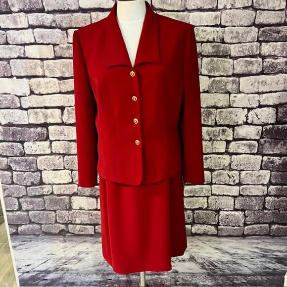 Le Suit Red Jacket & Matching Skirt Size 14 - Picture 2 of 10